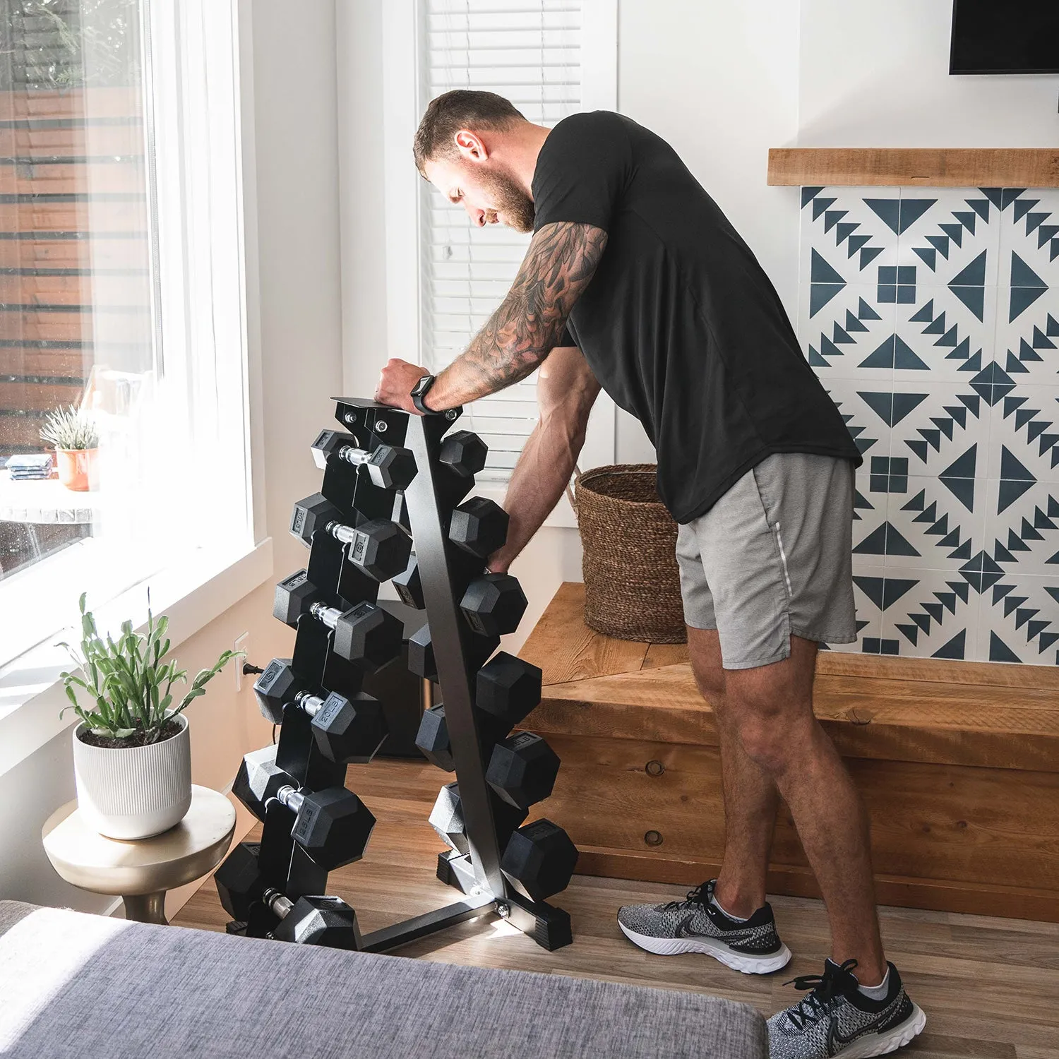 Better Body Rubber Hex Dumbbell Set   Weight Rack | 5-30lbs