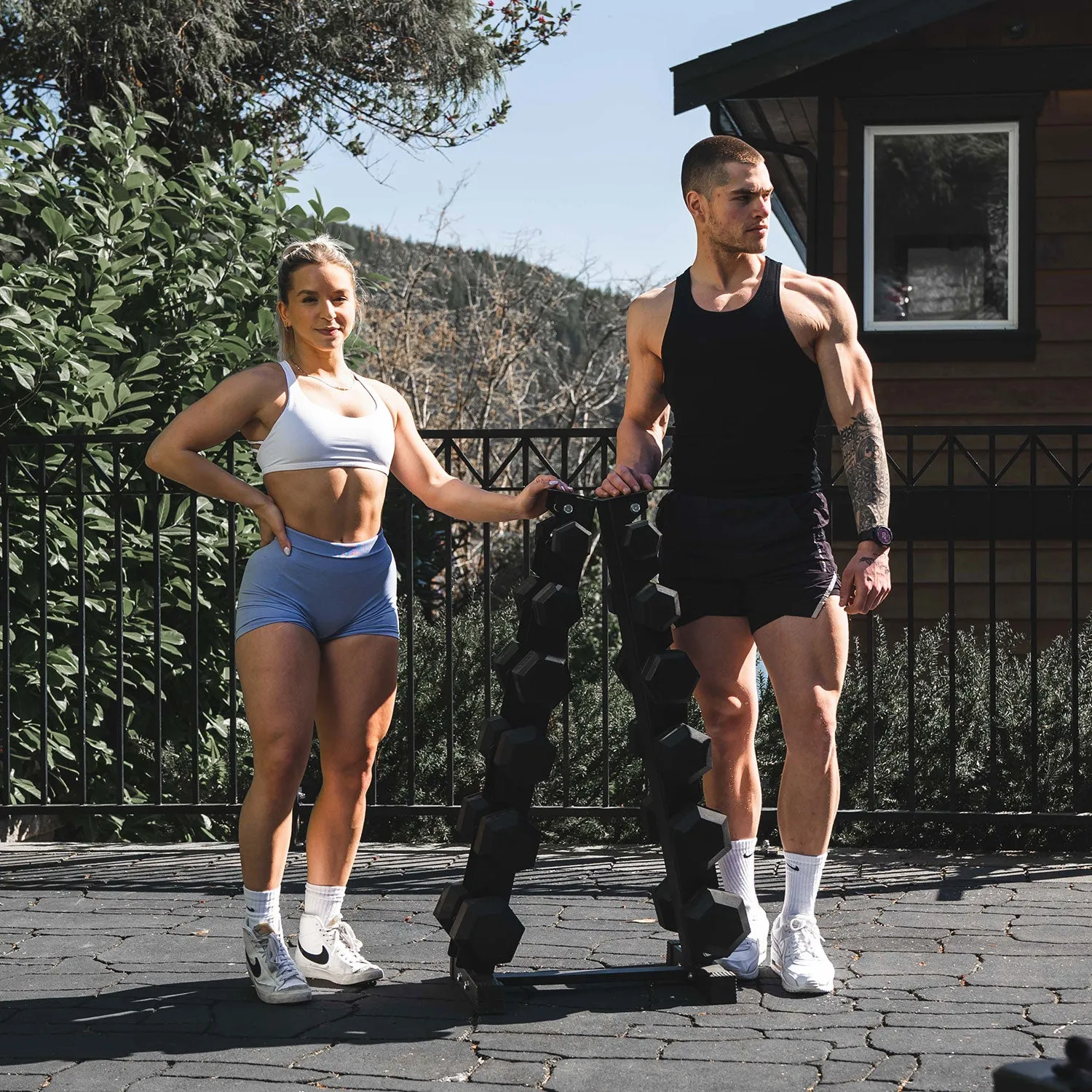 Better Body Rubber Hex Dumbbell Set   Weight Rack | 5-30lbs