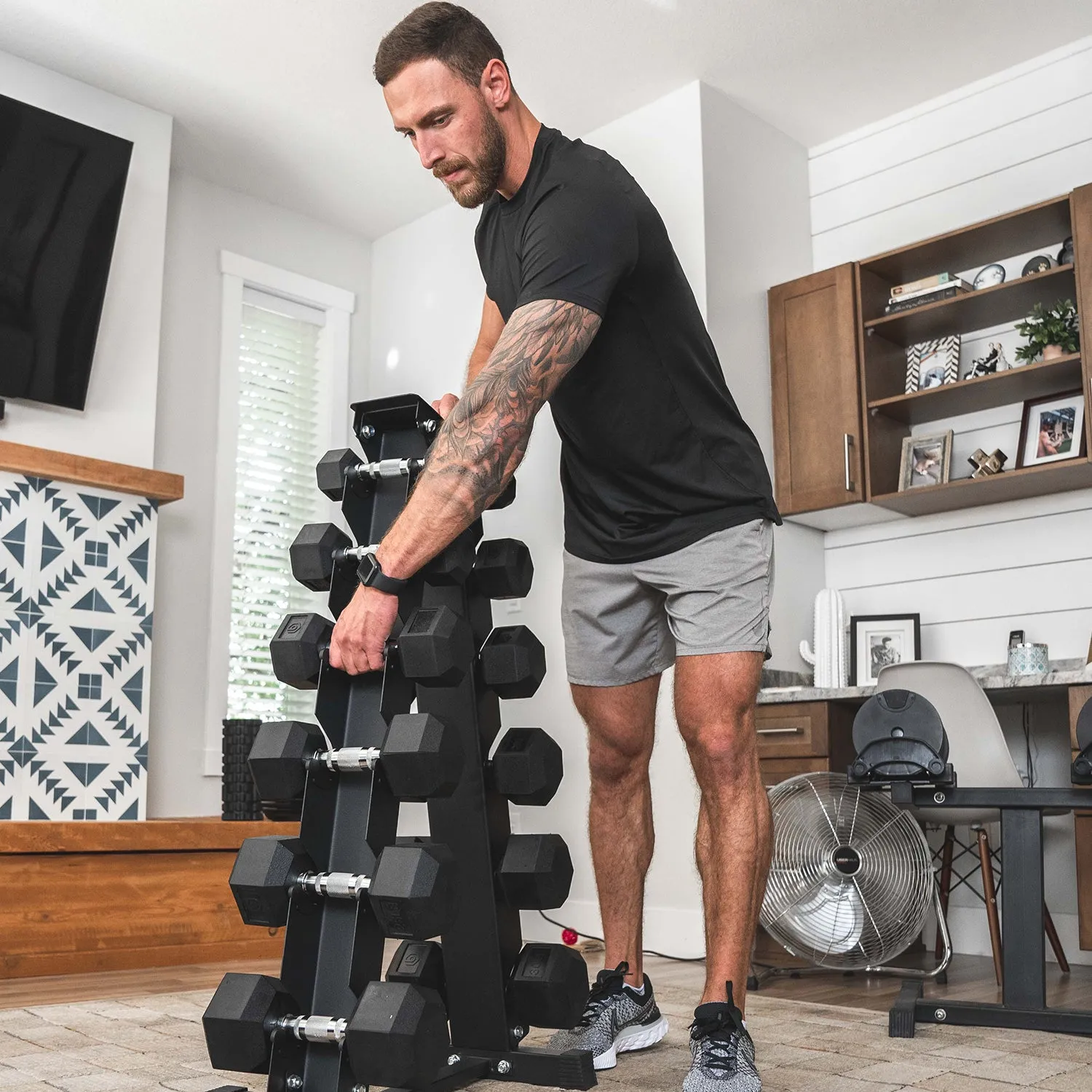 Better Body Rubber Hex Dumbbell Set   Weight Rack | 5-30lbs