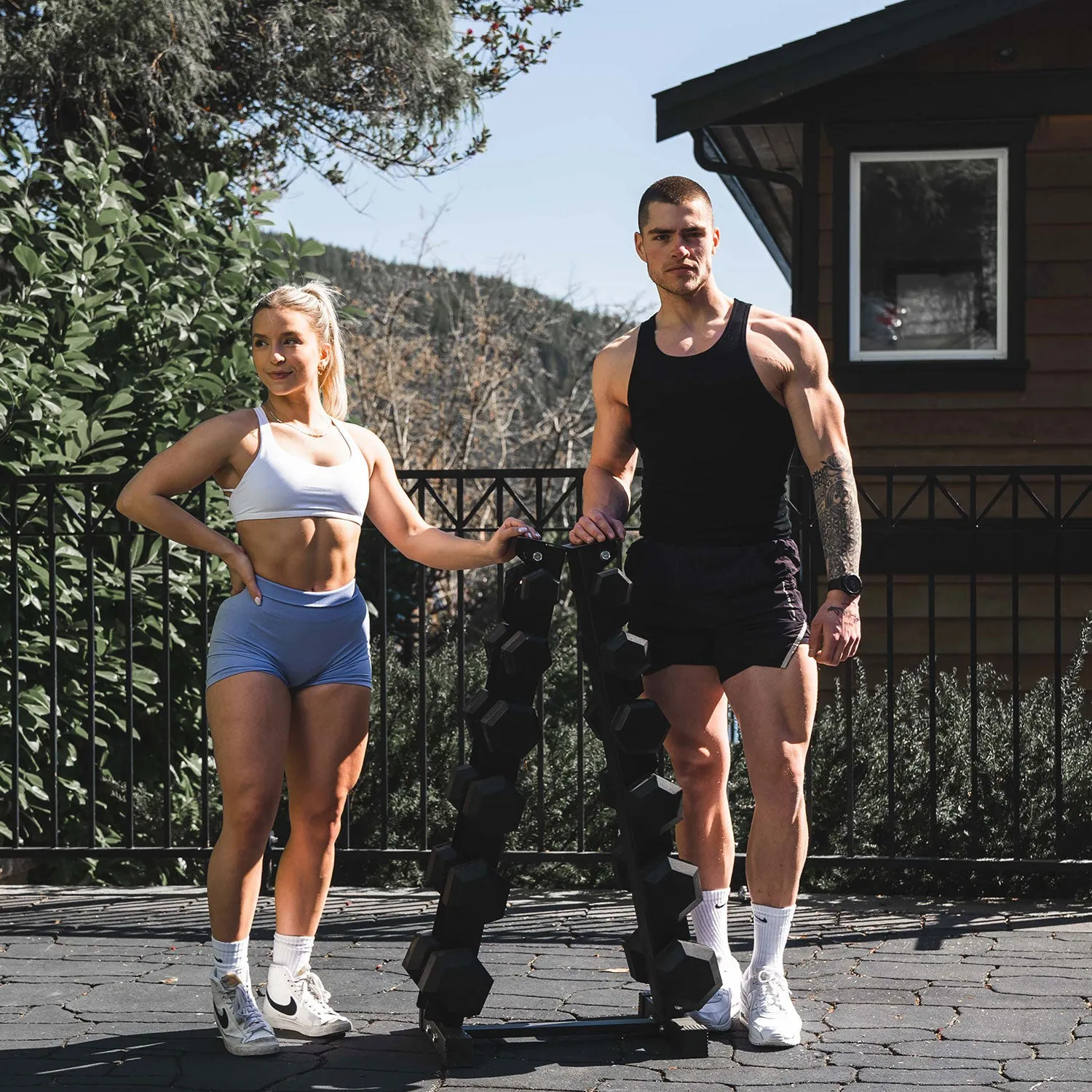 Better Body Rubber Hex Dumbbell Set   Weight Rack | 5-30lbs