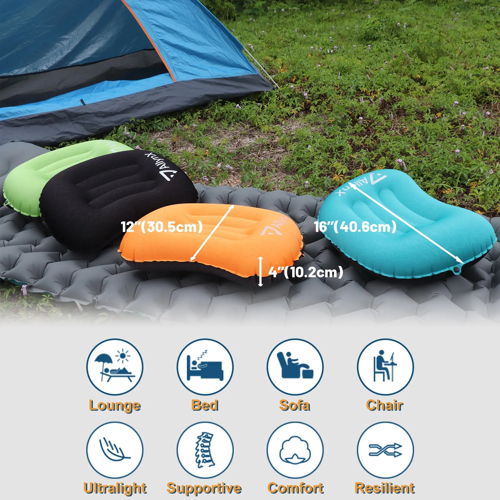 Camp Pillow, AllynX Compressible, Compact, Comfortable, Ergonomic Inflating Pillow for Neck & Lumbar Support While Camp, Backpacking, Graphite Black