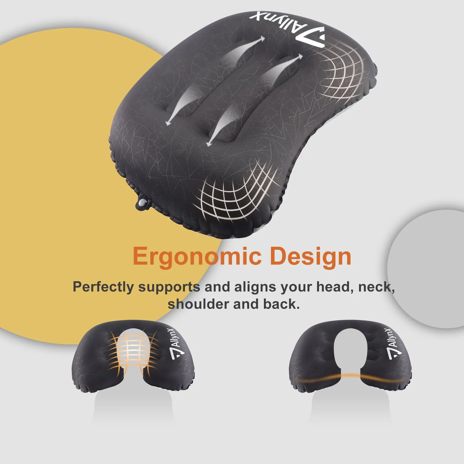 Camp Pillow, AllynX Compressible, Compact, Comfortable, Ergonomic Inflating Pillow for Neck & Lumbar Support While Camp, Backpacking, Graphite Black