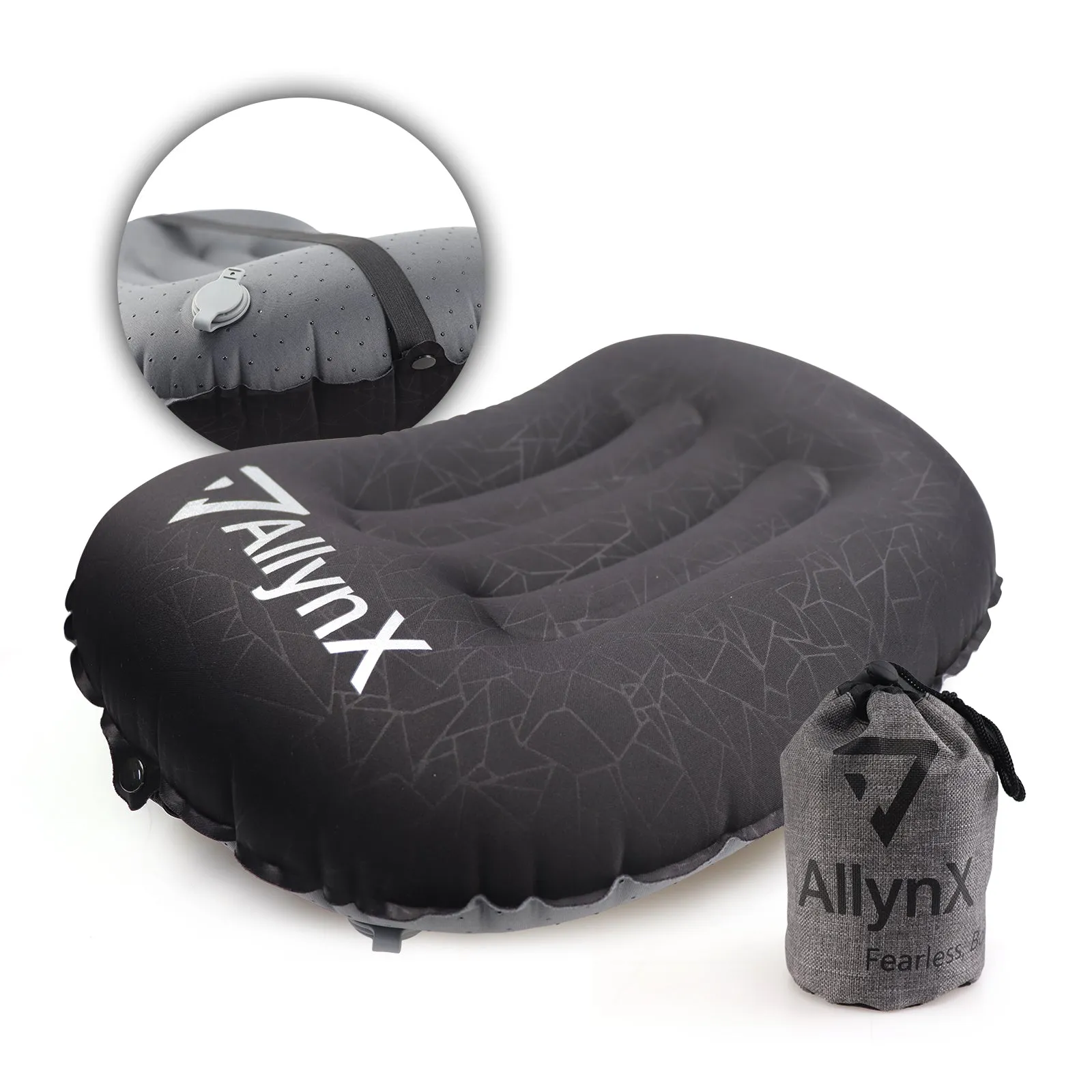 Camp Pillow, AllynX Compressible, Compact, Comfortable, Ergonomic Inflating Pillow for Neck & Lumbar Support While Camp, Backpacking, Graphite Black