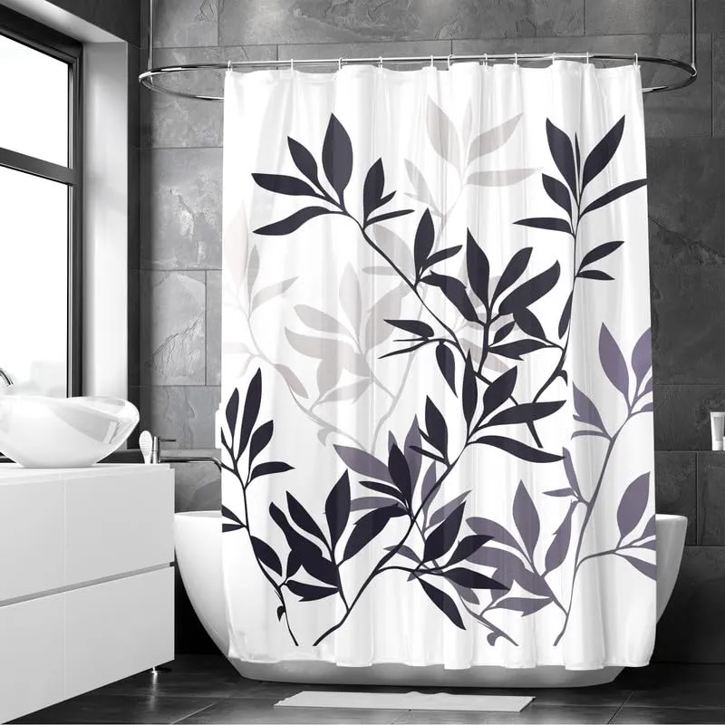 Encasa Shower Curtain & Bathmat 3 Pcs Set| Curtain 180x180 cm, Mats 45x75 cm, 45x37.5 cm| Creative Vibrant Coloured Polyster Curtain Sets with Non-Slip Bath mats for Bathroom| Blue-Grey Leaves