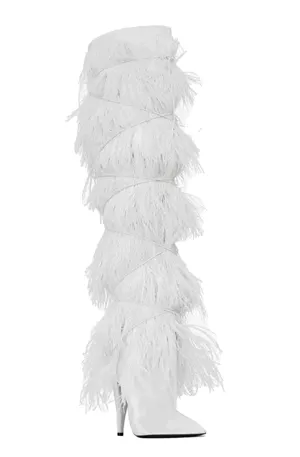 Feather knee high boots with cross tie