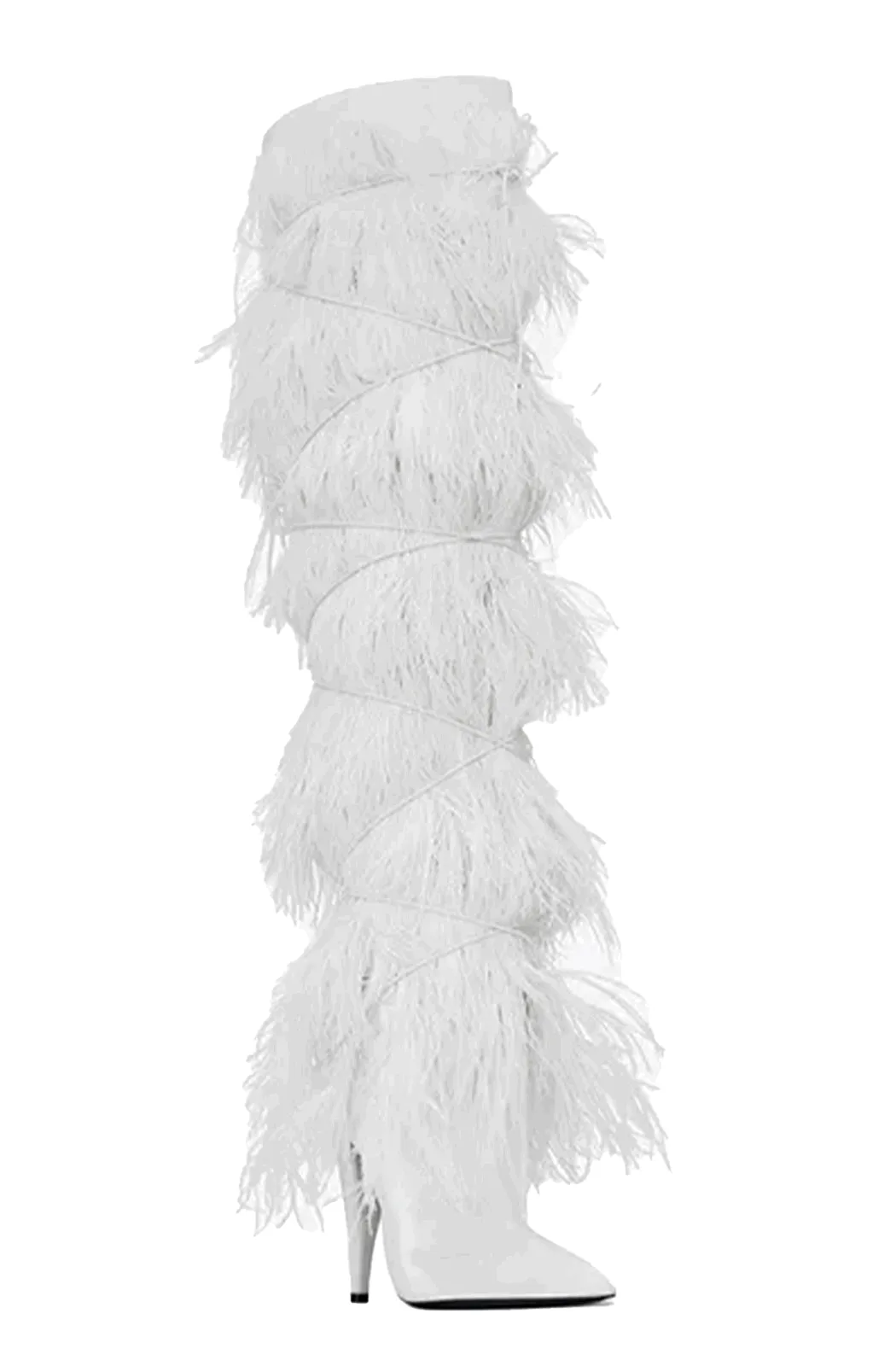 Feather knee high boots with cross tie