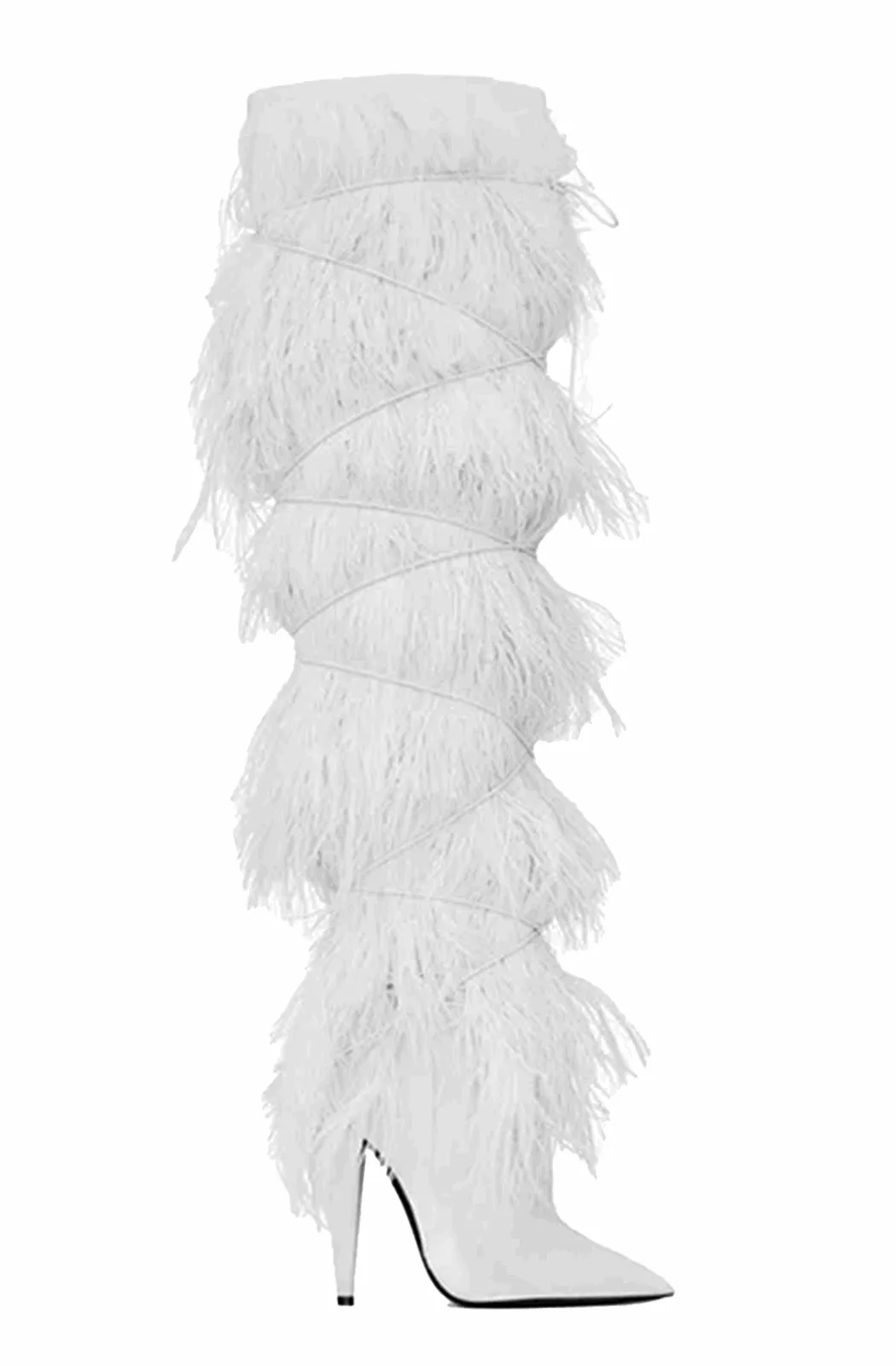 Feather knee high boots with cross tie