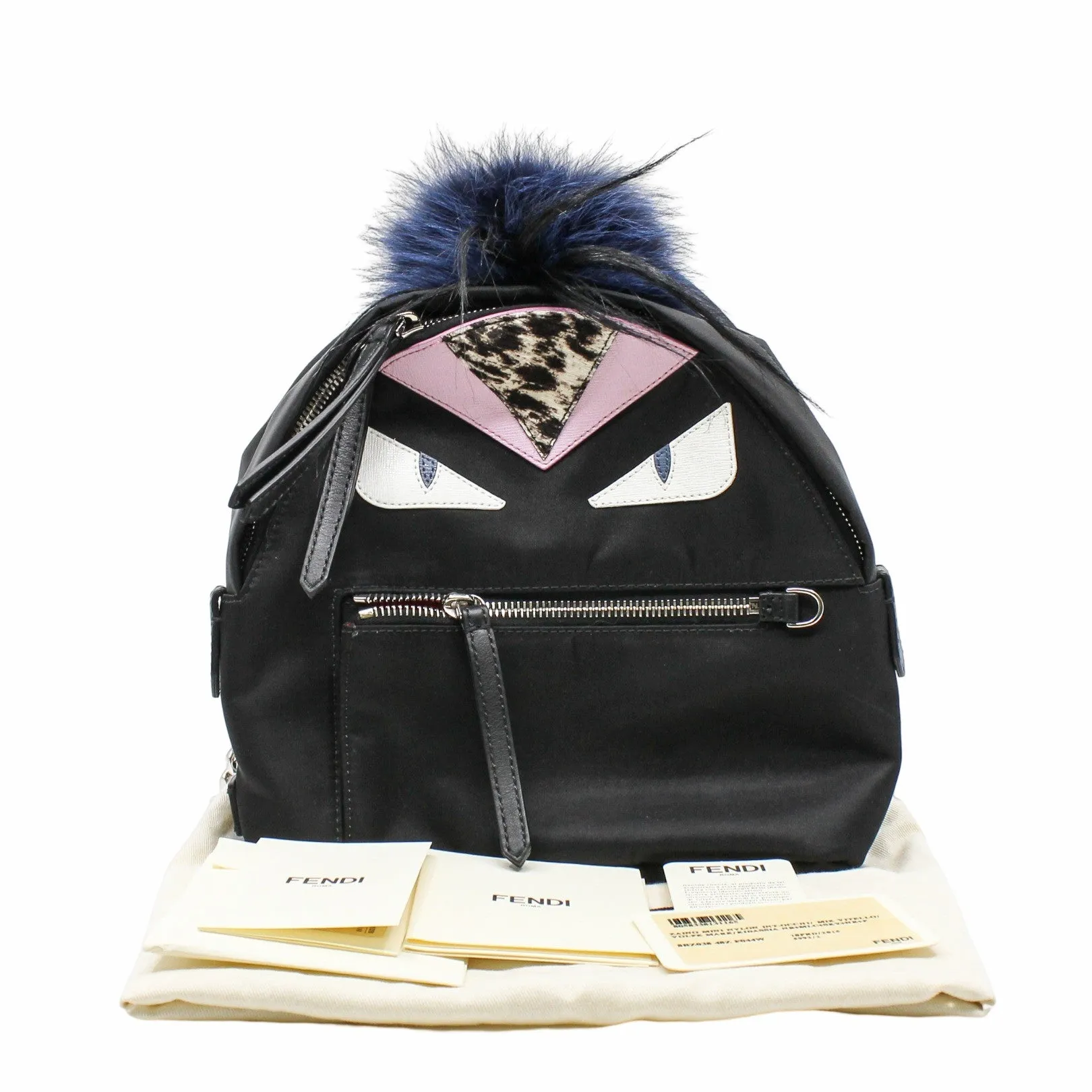 MONSTER BACKPACK MINI NYLON WITH LEATHER AND FUR BLACK PHW